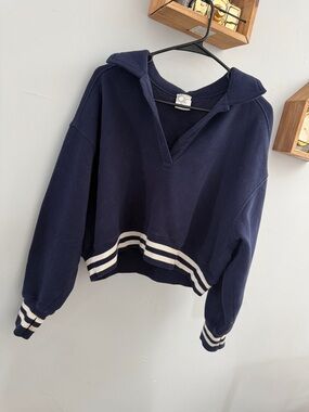aerie Navy Pullover Sweatshirt with White Stripe Trim